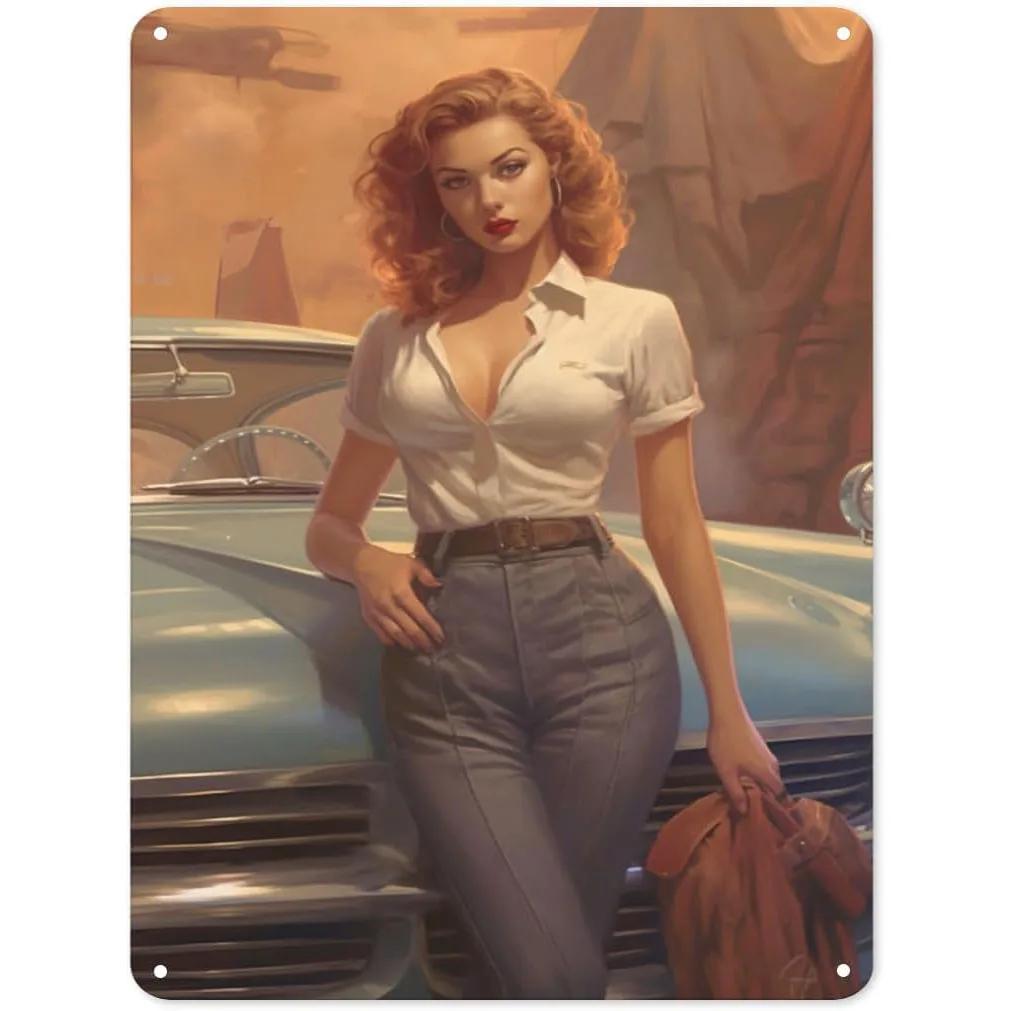 

Pinup Car Girls Metal Tin Signs Plaque Wall Decoration Vintage Art Posters Iron Painting for Man Cave Home Cafe Garden Club B 20x30cm