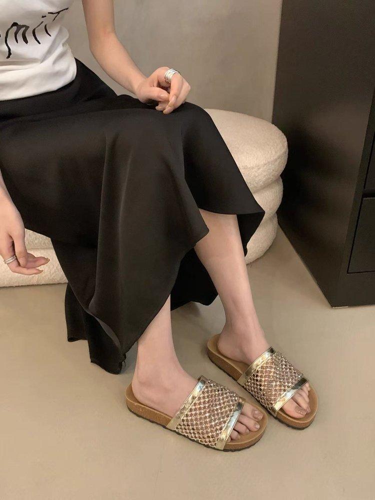 

Rhinestone mesh hollow cool slippers women s outer wear summer 2025 new vacation with skirt fishing net slippers one-word drag 43 золотой
