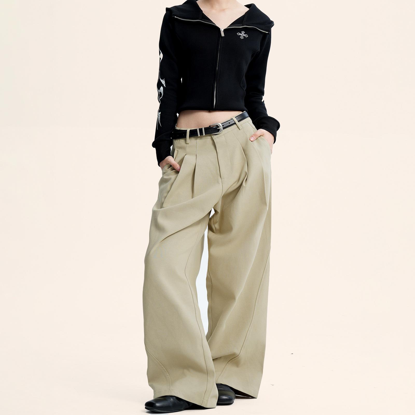 

Yongfang Унисекс Повседневные Плиссированные Брюки с Широкими Штанинами: Минималистичный, Свободный крой, Дизайн с прямыми штанинами L хаки