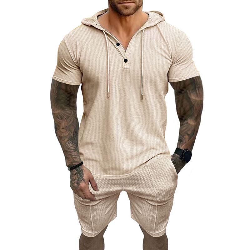 2025 Men's Summer Casual Set: Short Sleeve Henley T-shirt, Hooded Shirt & Shorts
