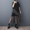 Short Sleeve Plus Size Black Mesh Patchwork Vintage New In Dresses for Women Casual Loose Long Summer Dress