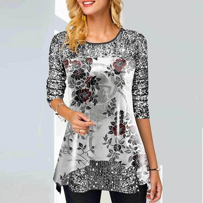 Fashion Print Women T Shirt Autumn Long-sleeved Casual O-neck Ladies Pullover Tops Vintage Floral Printed Female Office Shirts