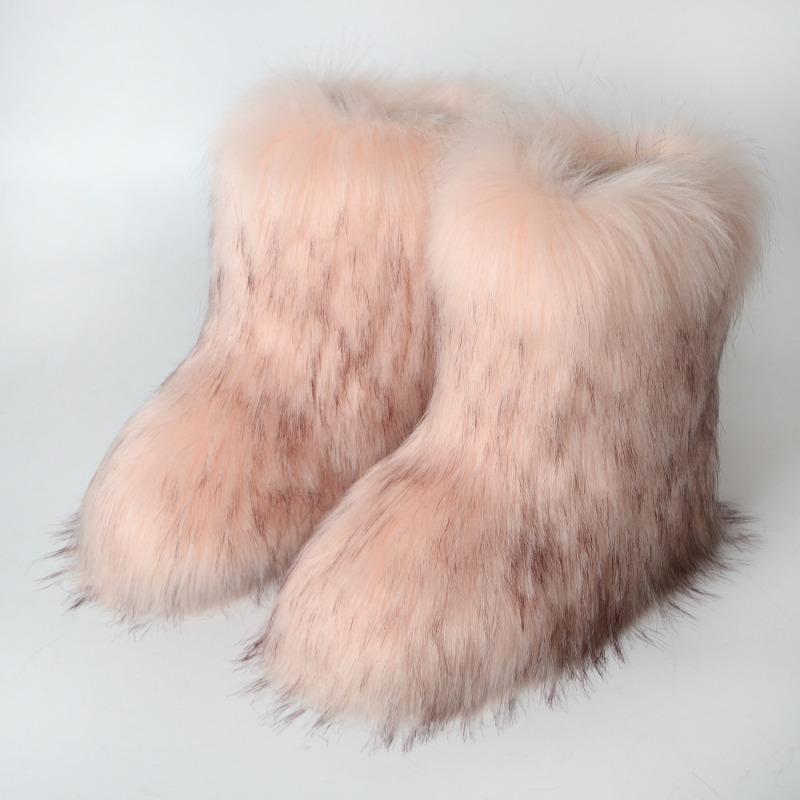 Flat heel high top warm winter furry boots deep mouth round head medium tube imitation fox fur snow boots women