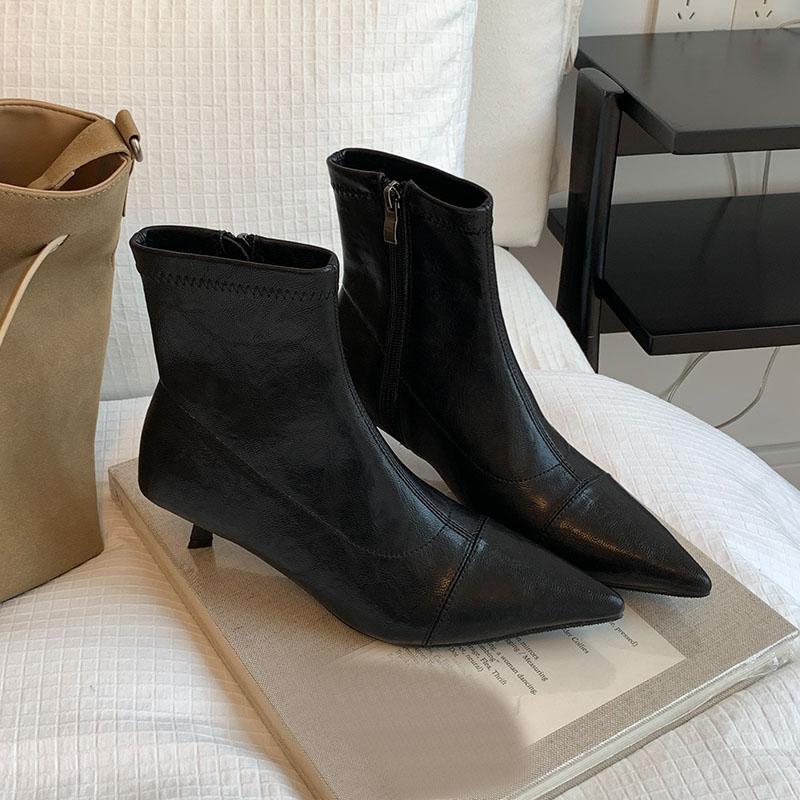 Mode Damen Niedrigabsatzschuhe Damen Knöchel Stretch Stiefel Reißverschlüsse Mode Spitzschuh Damen Kurz Moderne Stiefel Pumps Schuhe