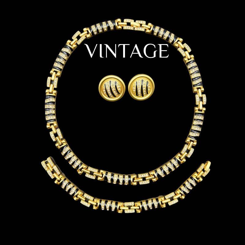 Vintage Heavy Industry Palace Style Electroplated Real Gold Black Contrasting Leopard Print Necklace Earring Set