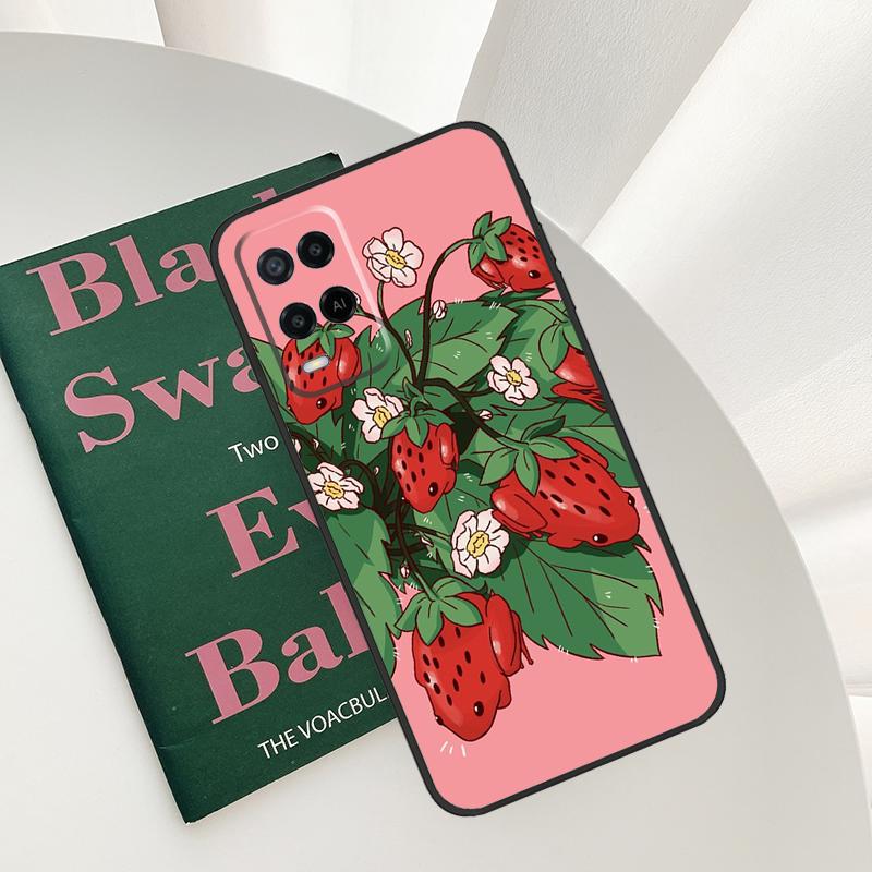 Cottagecore Fruit Strawberry Frog Case For Oppo A15 A16 A17 A52 A72 A76 A96 A54 A74 A94 A54S A57S A58 A78 A98 A57 A77 Cover