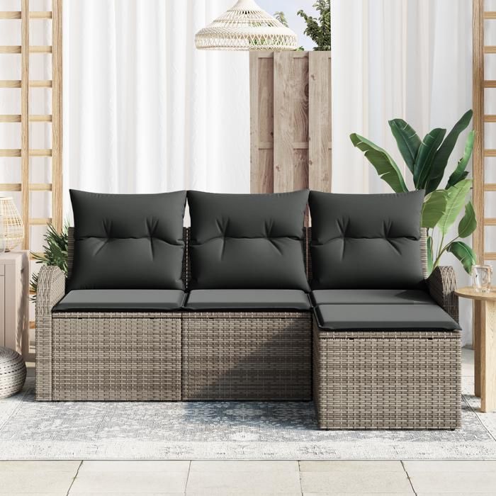 VidaXL Ensemble de Canapés de Jardin 4 Pièces avec Coussins Gris en Poly Rattan 3345989
