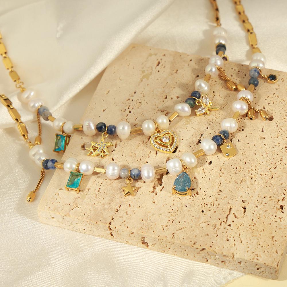 European-American Court Style Gold-Plated Titanium Necklace with Freshwater Pearls & Natural Stone Beads