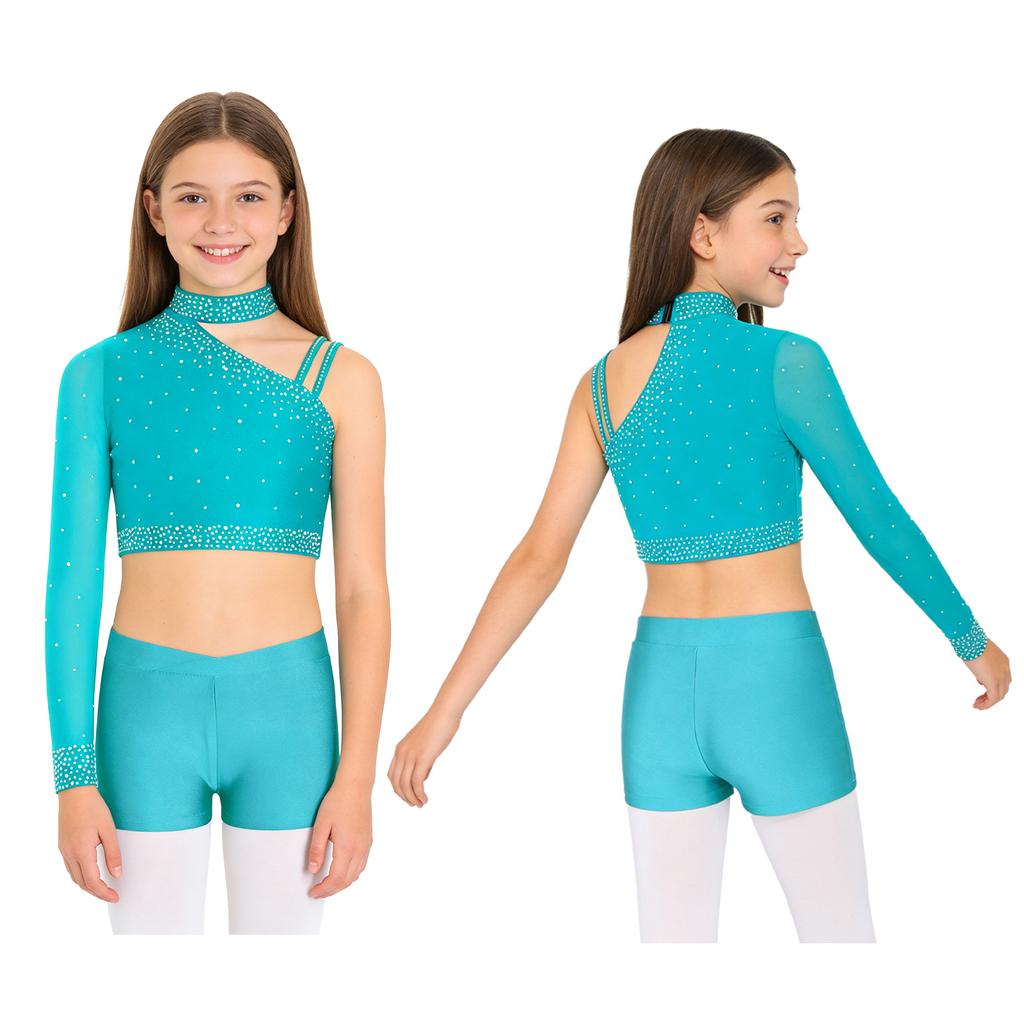 Třpytivý crop top na tanec s kamínky pro dívky: Šortky s nepravidelným ramenem a V-předním pasem pro taneční vystoupení