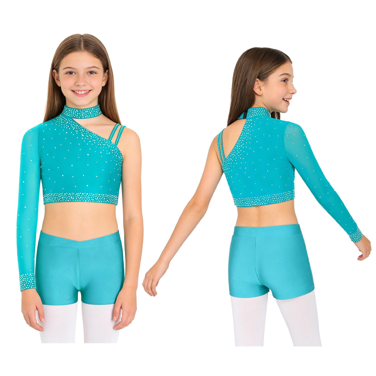 

Kids Girls Stage Performance Costume: Unique Irregular Shoulder Crop Top with Sparkly Rhinestones & V-Front Waistband Shorts 11-12 Years
