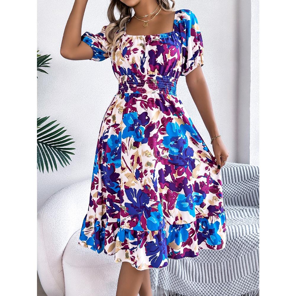Rochie Florală de Damă Rochie Casual Florală cu Gât Pătrat Mânecă Scurtă cu Volan în Talie Rochie A-Line Rochii Largi