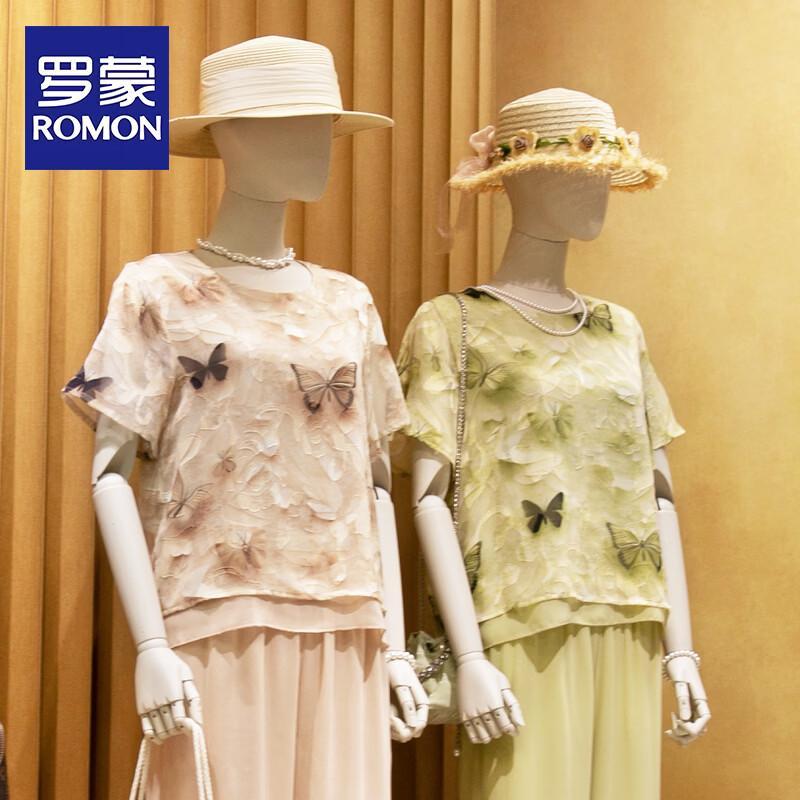 ROMON Women s Plus Size Floral Chiffon Short Sleeve Two-Piece Set 3XL