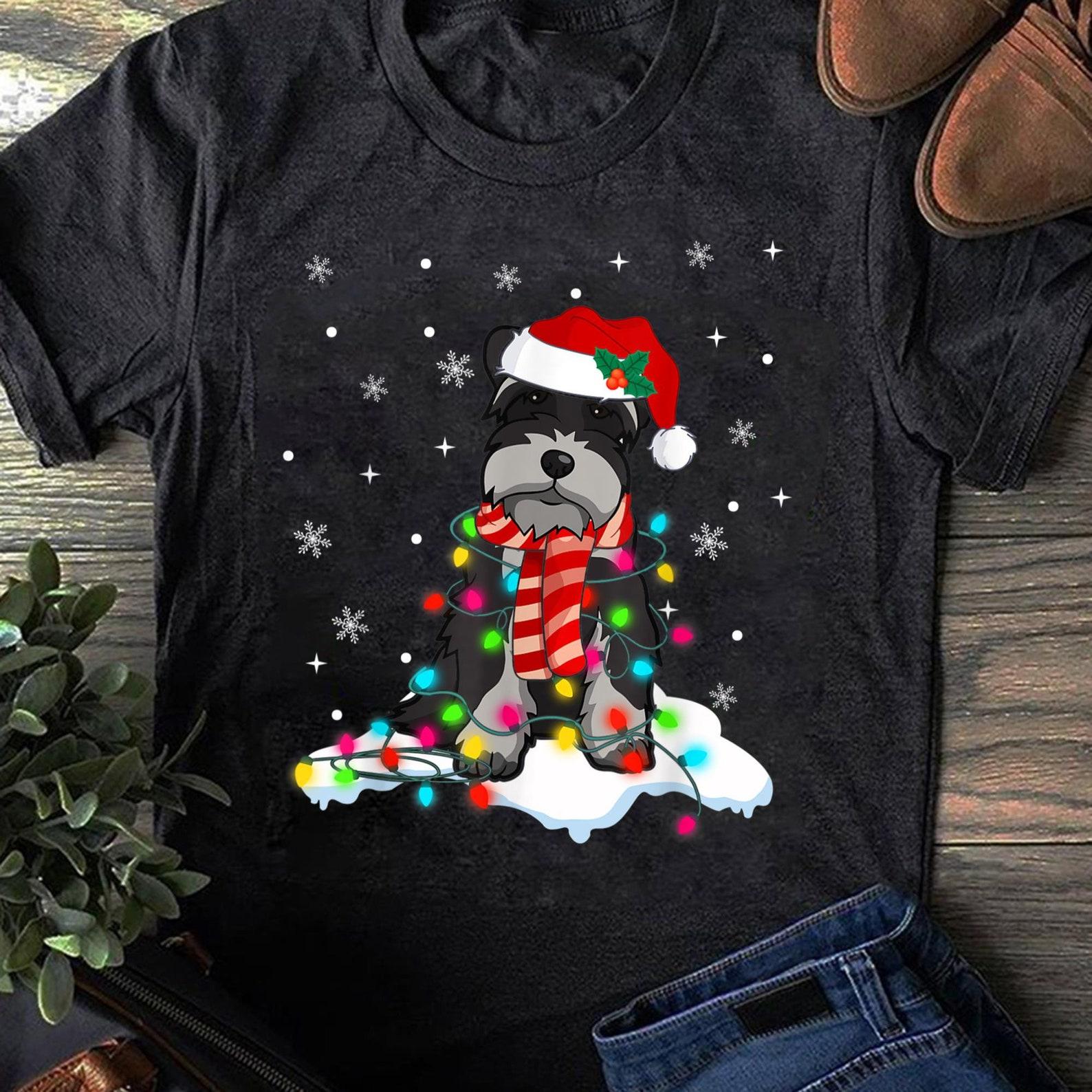 Cute Schnauzer Christmas Lights With Santa Hat Dog Dad Mom - Gift for Dog Lovers - Funny Dog - Schnauzer Lovers - Mother s Day - Dog Sweater 4XL