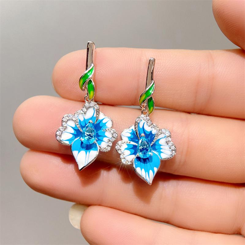 Huitan Handmade Blue Flower Drop Earrings for Women Creative Enamel Design Aesthetic Female Ear Accessories Party Trendy Zircon