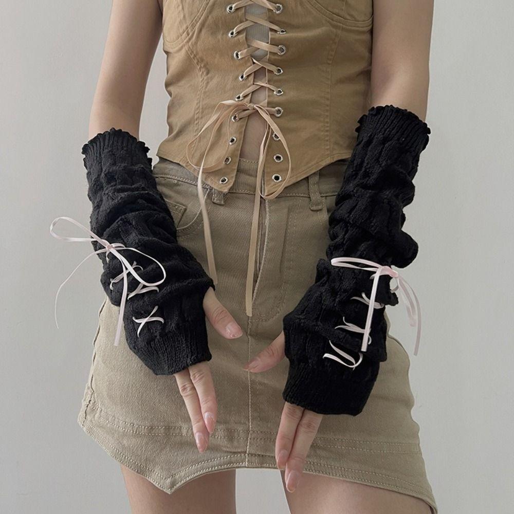 

False Sleeves Long Wrist Gloves Arm Warmers Elbow Mittens Knitted Gloves for Y2k Spice Girls black-3