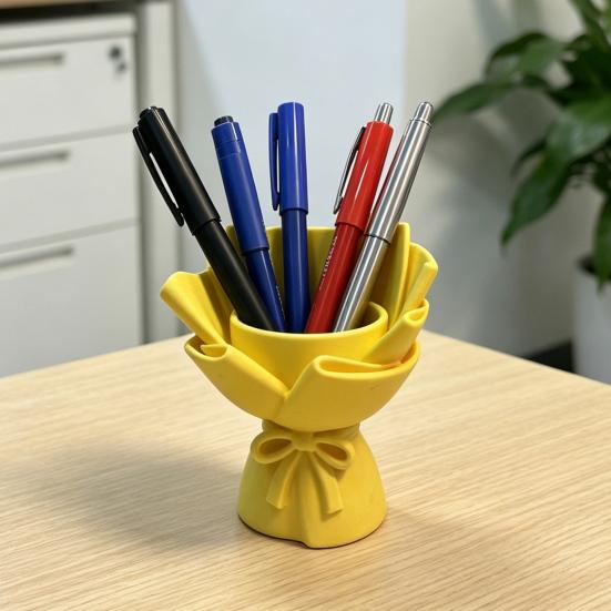 3D Printed Bouquet Pen Holder Planter, Mini Desk Decor with Bow & Artificial Flowers, Multifunctional PLA Craft for Pencil Organizer