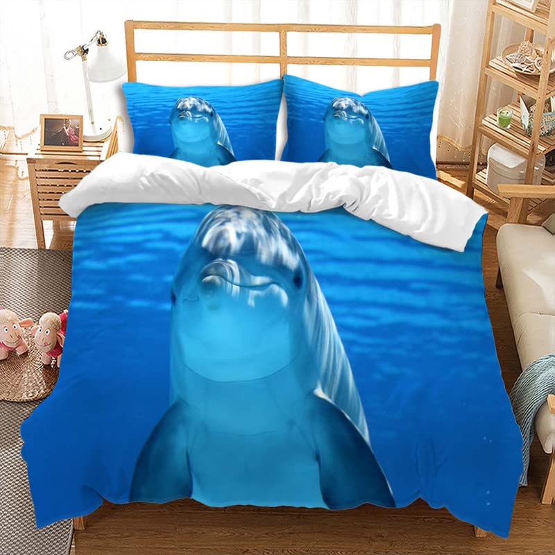 Comforter Dolphin Cute Jumping Dolphins Bedding Set Microfiber Marine Animals Comforter With 2 Pillow Sham Twin King