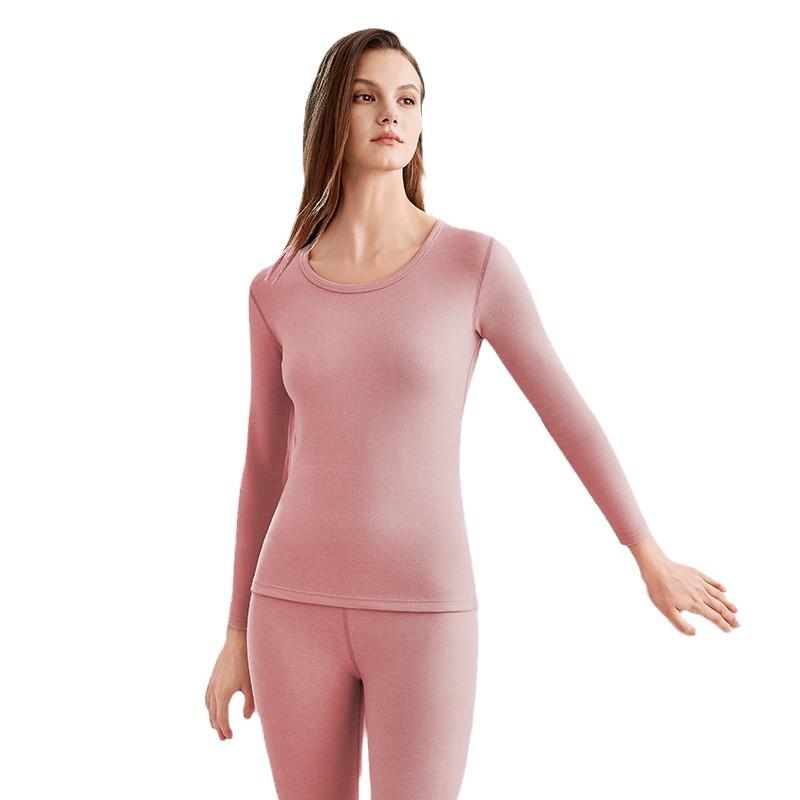 Women's Round Neck Slim Fit Thermal Underwear Set with 7A Antibacterial 100% Wool Filling - Autumn/Winter.