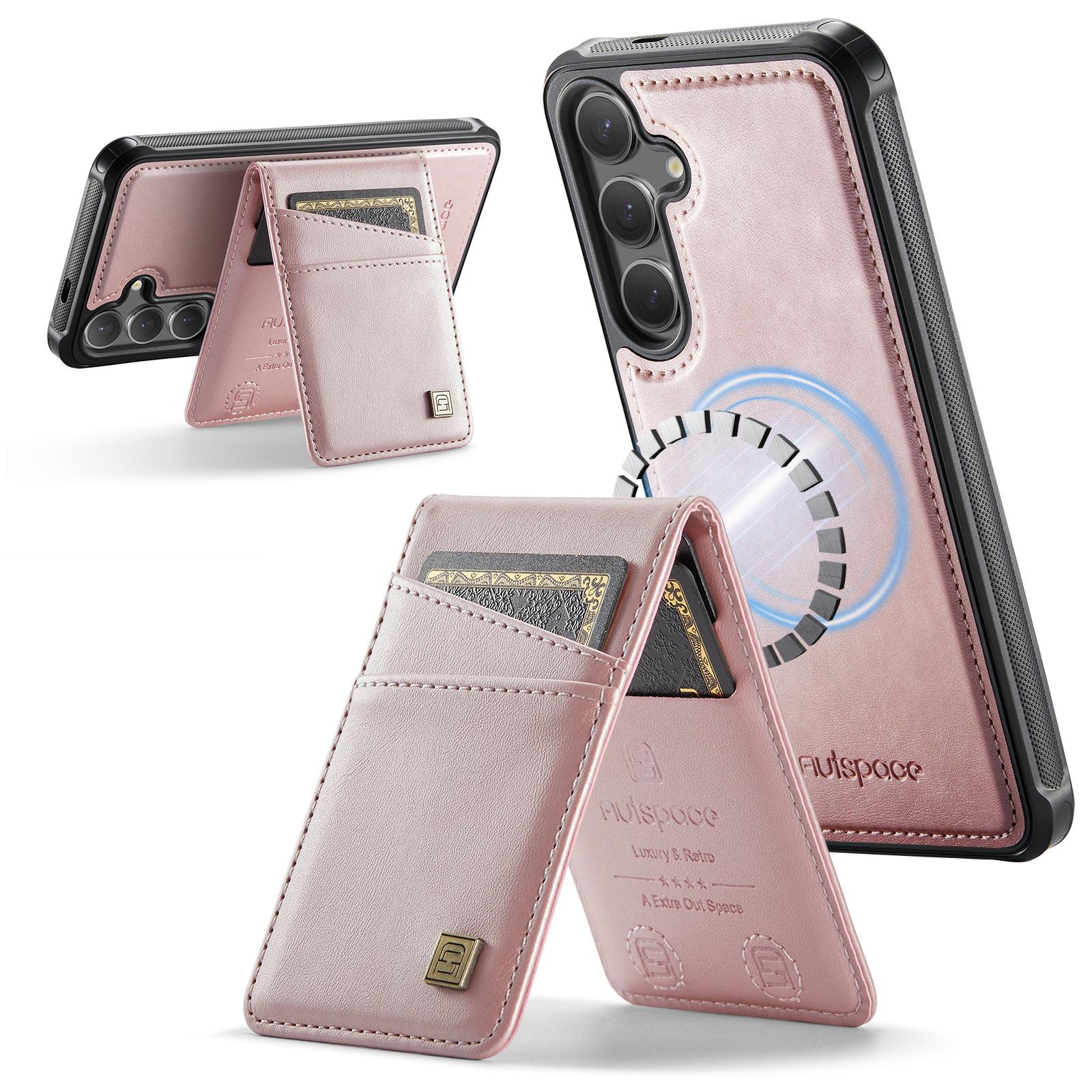 

For Samsung Galaxy S25+/Galaxy S24+ Case AUTSPACE A12 Leather Back Cover with Magnetic Detachable Card Bag Kickstand Rose Gold