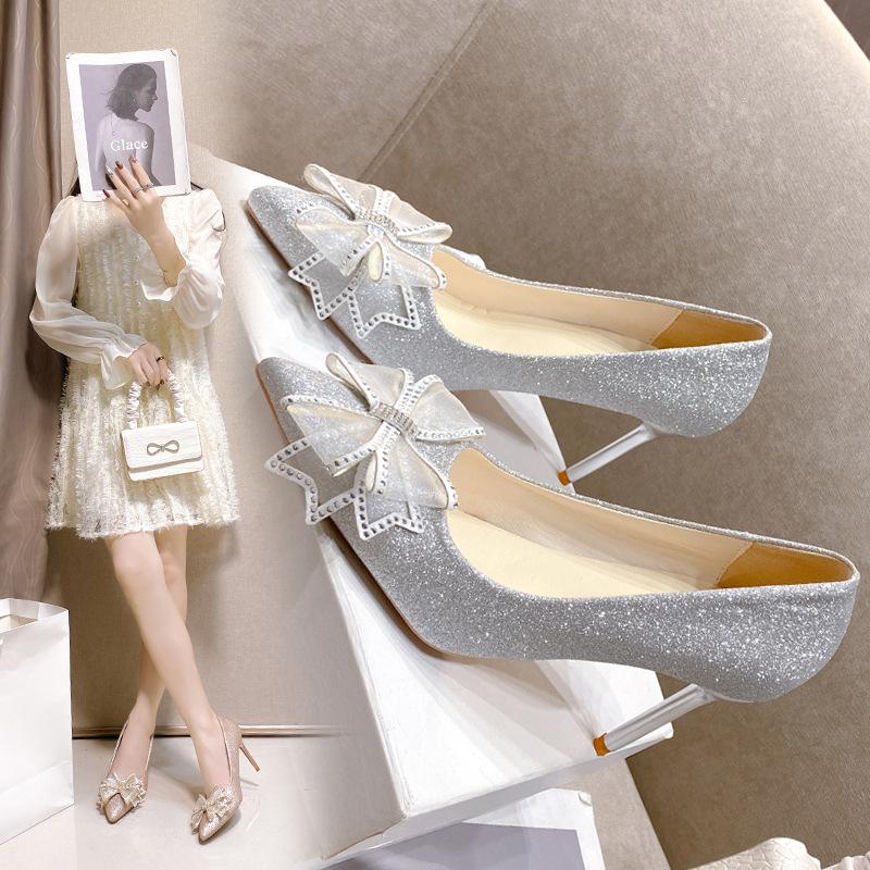 High heels women's autumn bow thin heel 2025 new rhinestone wedding shoes French pointed head shallow mouth temperament single shoes