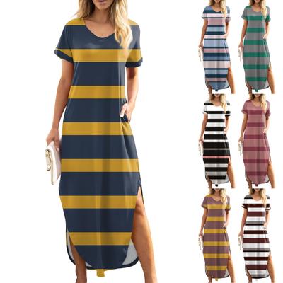 Damen Sommerkleid V-Ausschnitt Kurzarm Strandkleid Maxikleid Lang Kleider Casual Loose Fit Elegant Sommerkleid
