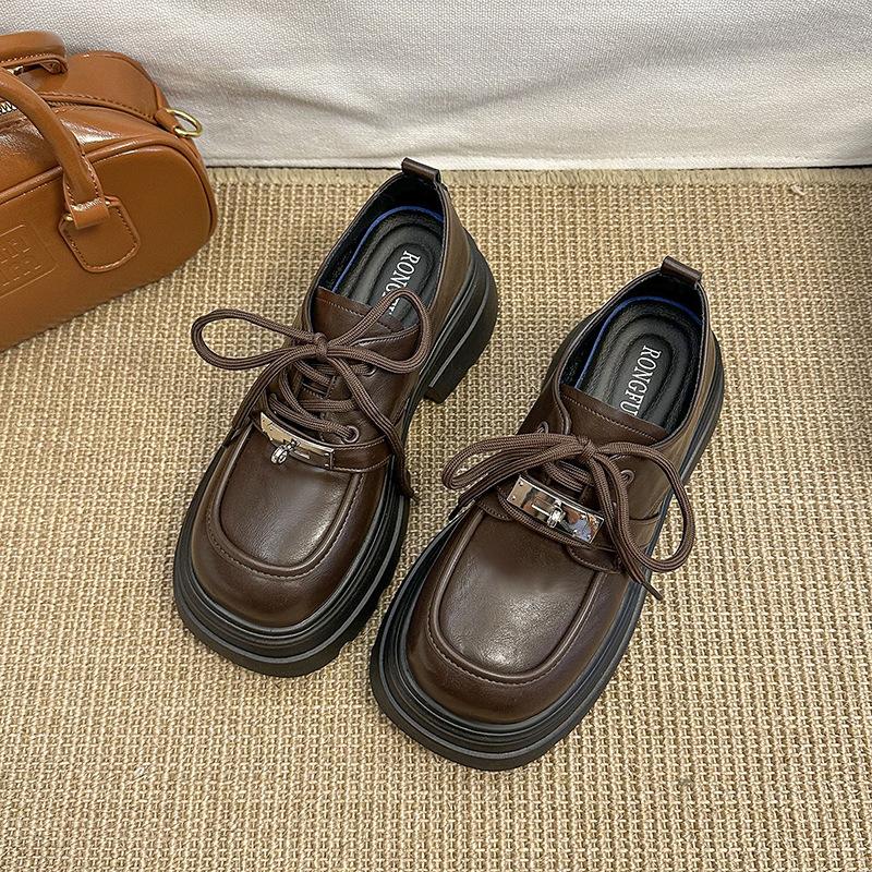 Thick-soled black small leather shoes women's 2025 spring new heightening lace-up British style retro versatile loafers single shoes