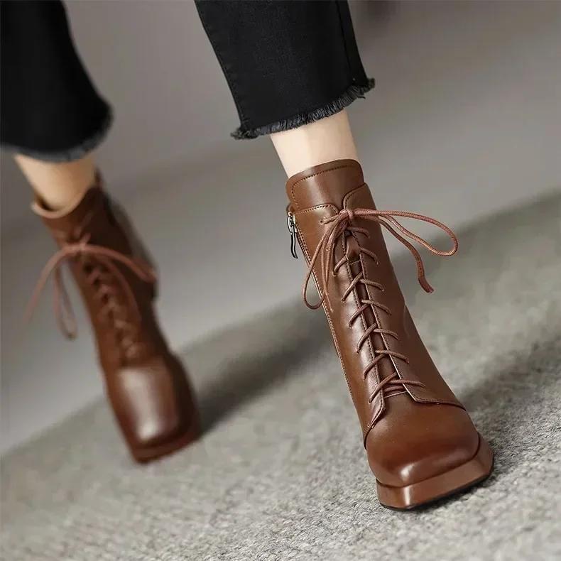 Women High Heels Ankle Shoes Chunky Platform Chelsea Boots Autumn 2024 Lace Up Square Toe Casual Brand Zapatos