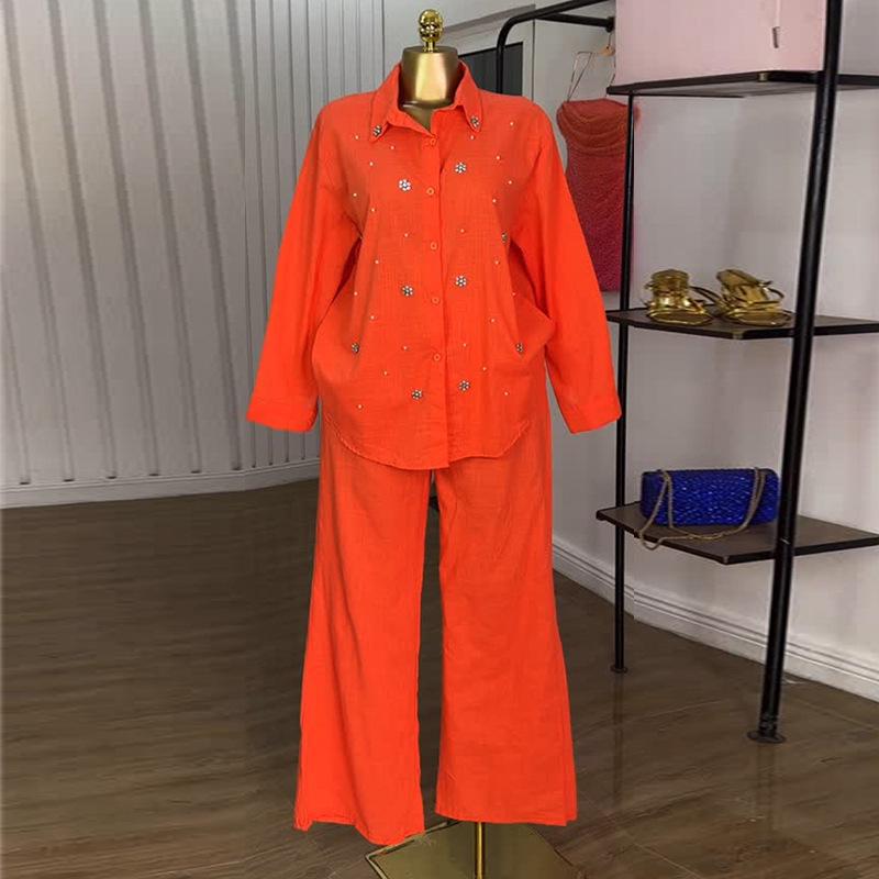 European & American Women's 2025 Summer Two-Piece Set: Sweet Fresh Lapel Beaded Shirt with High Waist Straight Leg Pants.