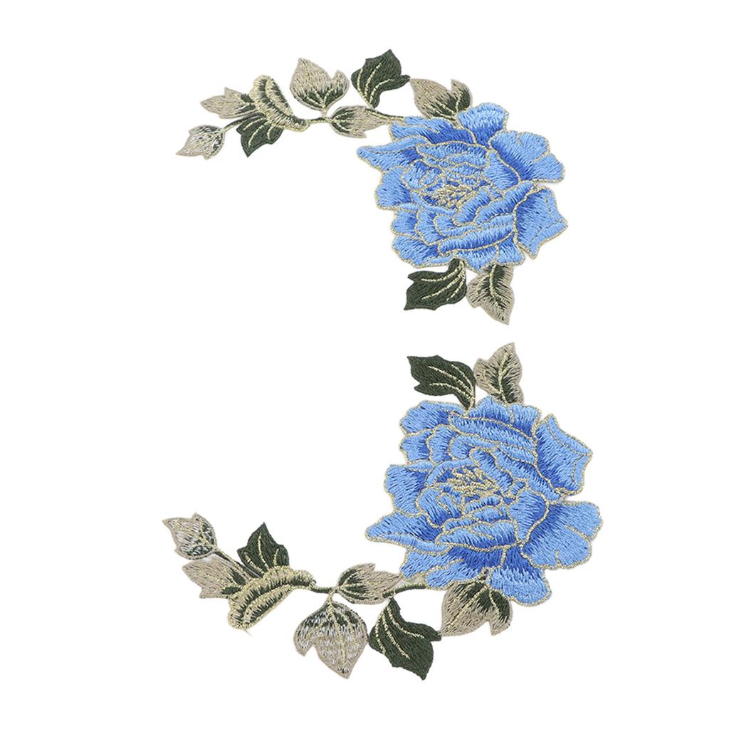 1 Pair Flower Embroidery Patches Beautiful Flowers Pattern Embroidered Applique Iron On Patches for DIY Clothes Blue