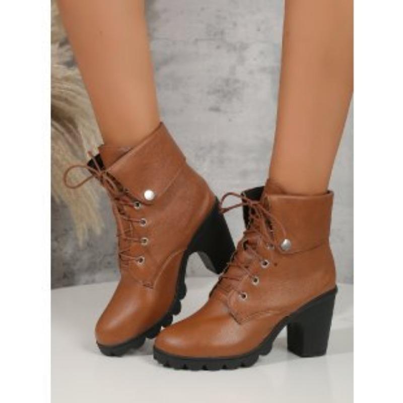 Women's Low Boots Autumn and Winter New European and American Foreign Trade Large Size Short Boots High Heel Round Head Lace Up Thick Heel