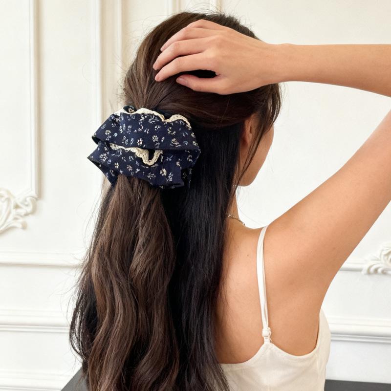 Elegant French Pastoral Floral Pleated Hair Tie with Exquisite Lace