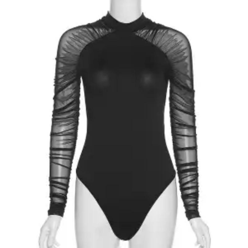Spring Summer Sheer Mesh Sleeve Mock Neck Bodysuit Ruched Long Sleeve Bodycon Top