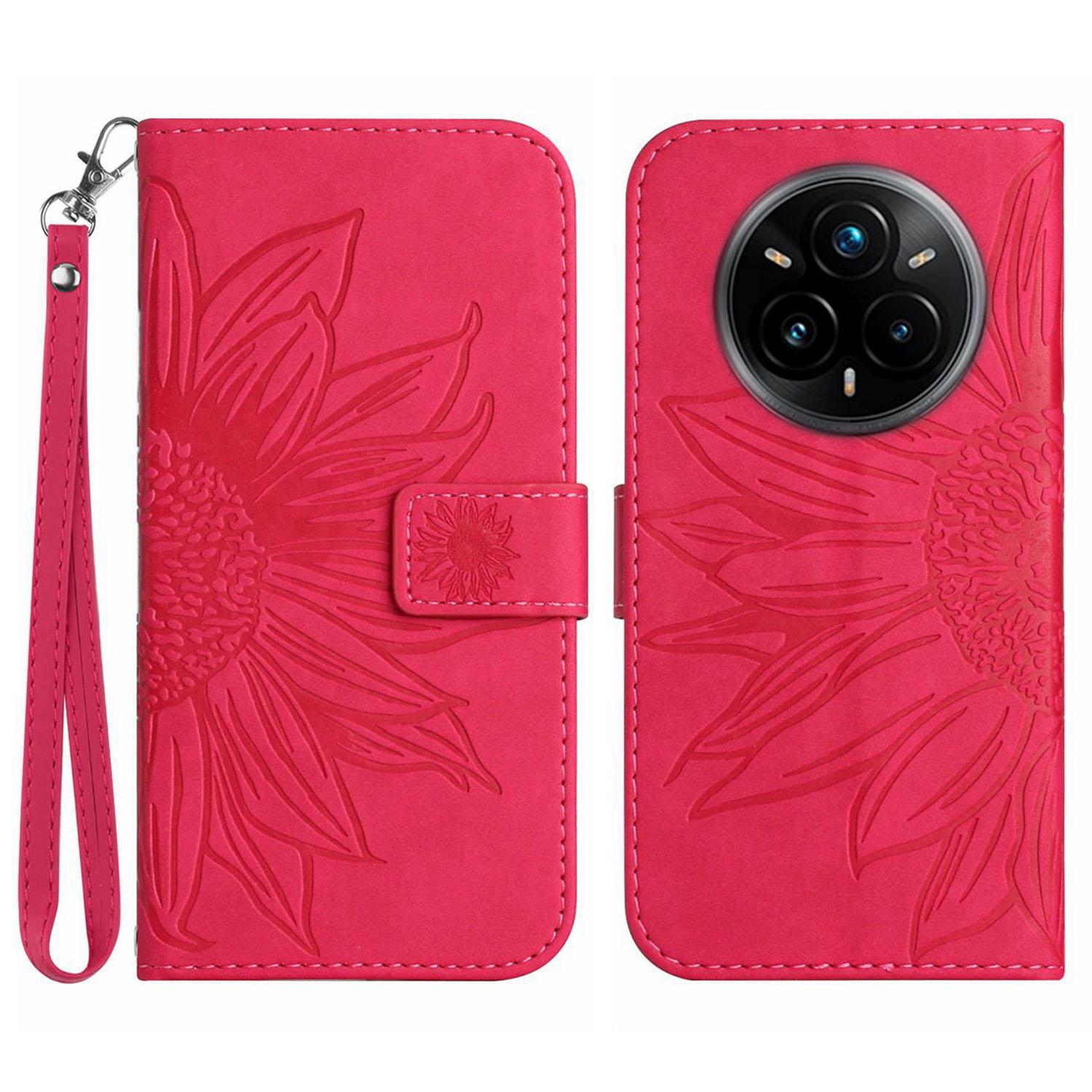 

For Realme 14 Pro+ 5G Case Sunflower Imprint Leather Wallet Phone Cover with Wrist Strap Rose