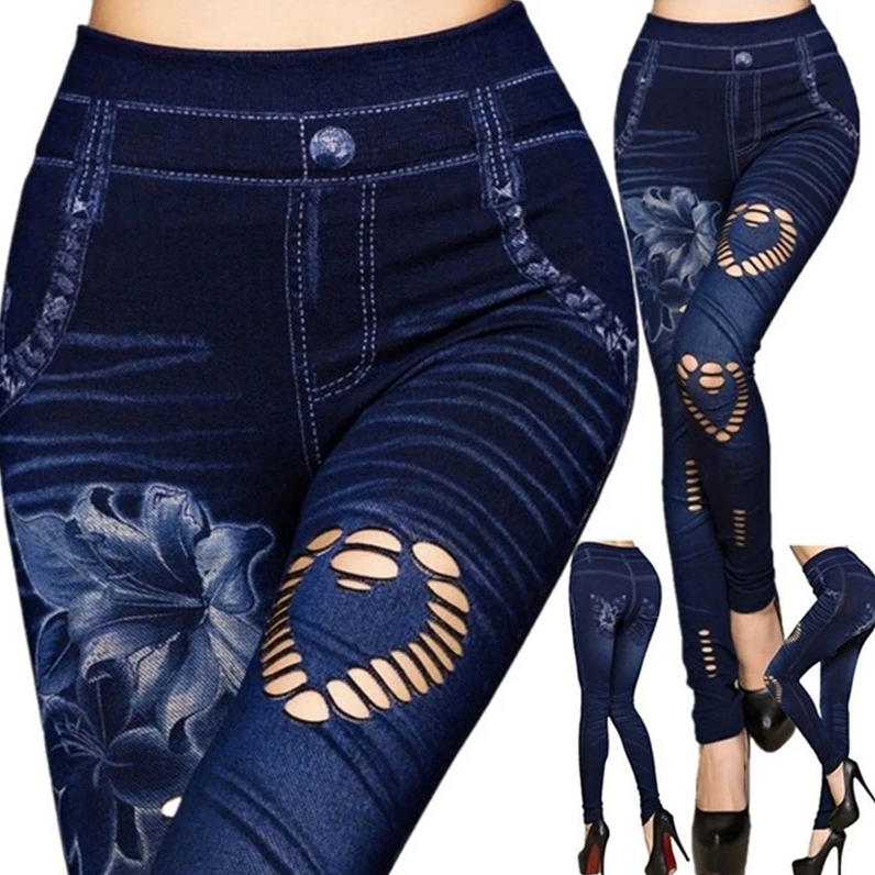 Sexy Women Jean Skinny Jeggings Pants High Waist Leggings Female Print Ankle-length Slim Legging Fitness Plus Size