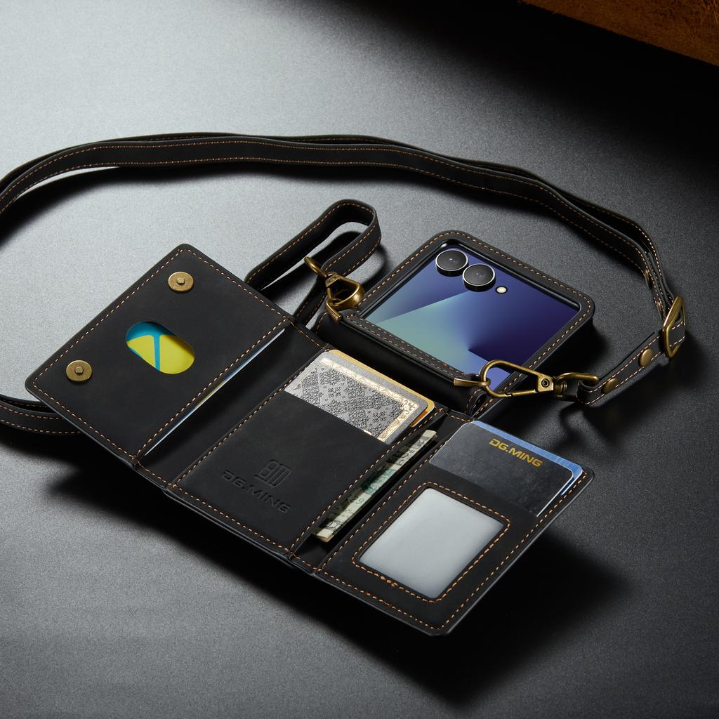 Crossbody Auto Leather Phone Case for Samsung Galaxy Z Flip 7 Flip6 5 4 3 Long Strap Metal Button Card Slot Wallet Stand Cover