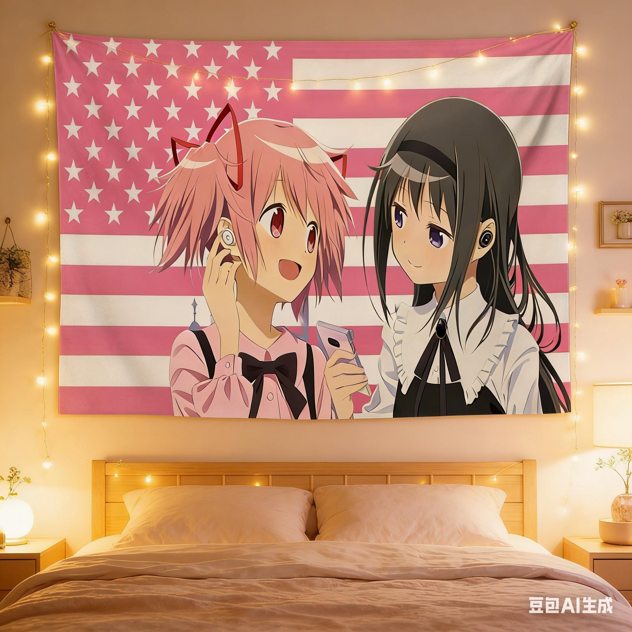 Jmg Household Supplies Unisex Pink Anime Tapestry, Madoka & Homura Usa Flag Print Polyester Wall Hanging, Otaku Kawaii Decor For Bedroom & Living Room