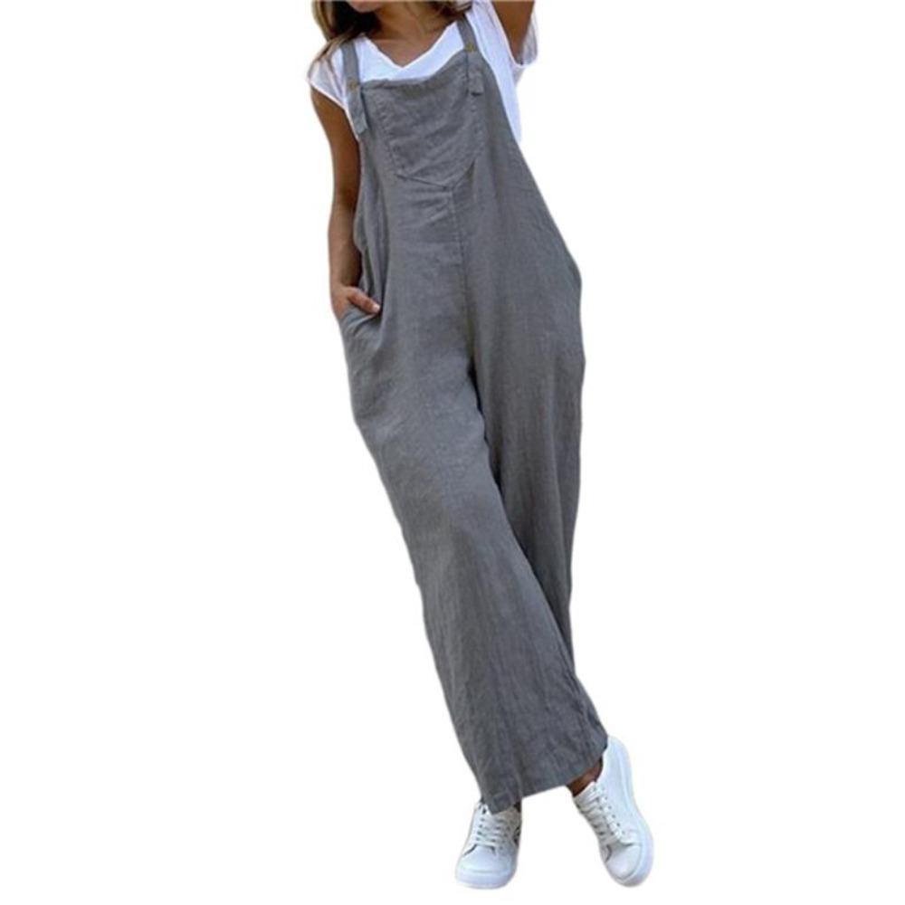 Sommer-Overall für Damen, einfarbig, lässig, lange Hose, Taschen, Knopfleiste, breiter Beingurt, Overall, lockerer Strampler
