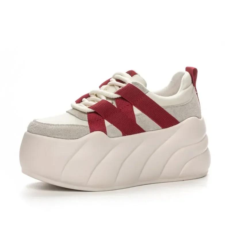 Fashion 8cm Synthetic Women Stable High Platform Chunky Sneakers Fashion Spring Autumn Vulcanize Cow Genuine Leather Lace Up Shoes