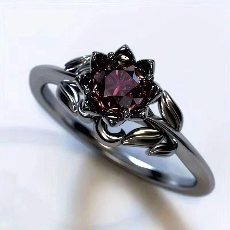 New Elegant Black Flower Shape Zircon Ring for Women Wedding Engagement Jewelry Accessory Sizes 5-11
