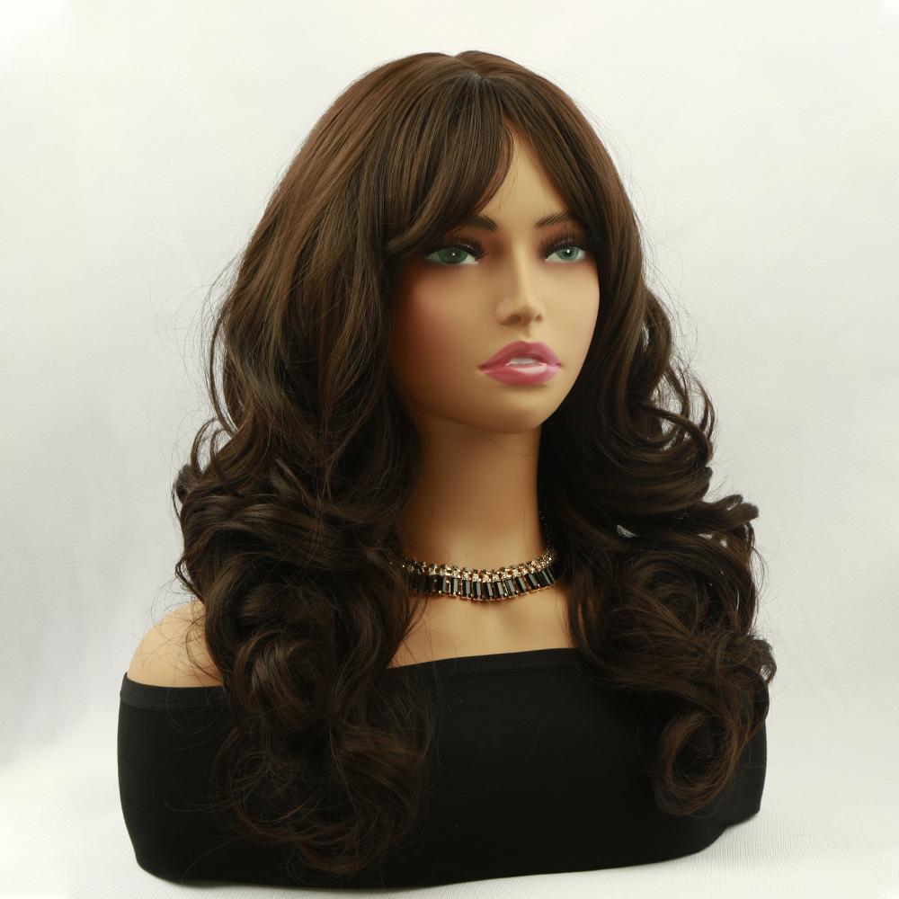 Women Synthetic Long Natural Wave Wigs with Bangs Wavy Brown Natural Wig For Daily Party Costume Heat Resistant Fibre Hair