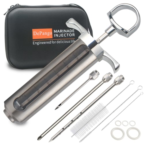 DePango Meat Injector, Stainless Steel Marinade Injector and Condiment Syringe Kit with 60ml (2 Oz) Measuring Window for Smoked Foods, BBQ Grills, Tur