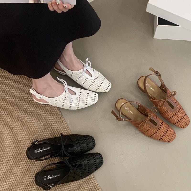 Retro hollow woven bag head sandals women's thick heel summer new with skirt breathable single shoes casual shoes