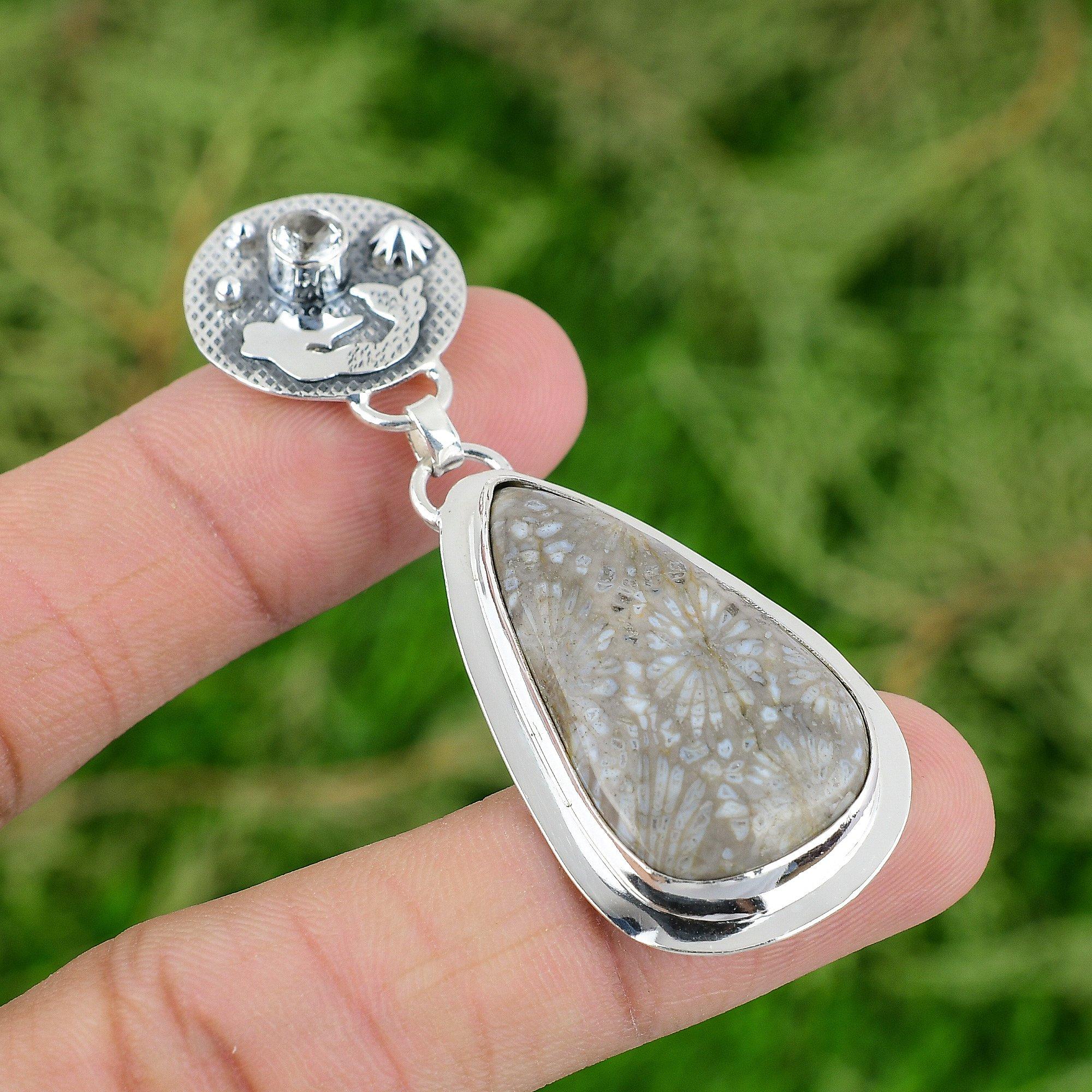 

925 Sterling Silver Fossil Coral Gemstone White Topaz Ethnic New Mermaid Pendant