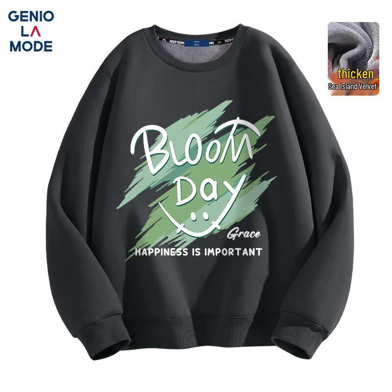 GENIOLAMODE Men's Fleece Lined Heavyweight Crewneck Sweatshirt with Smiling Face Print