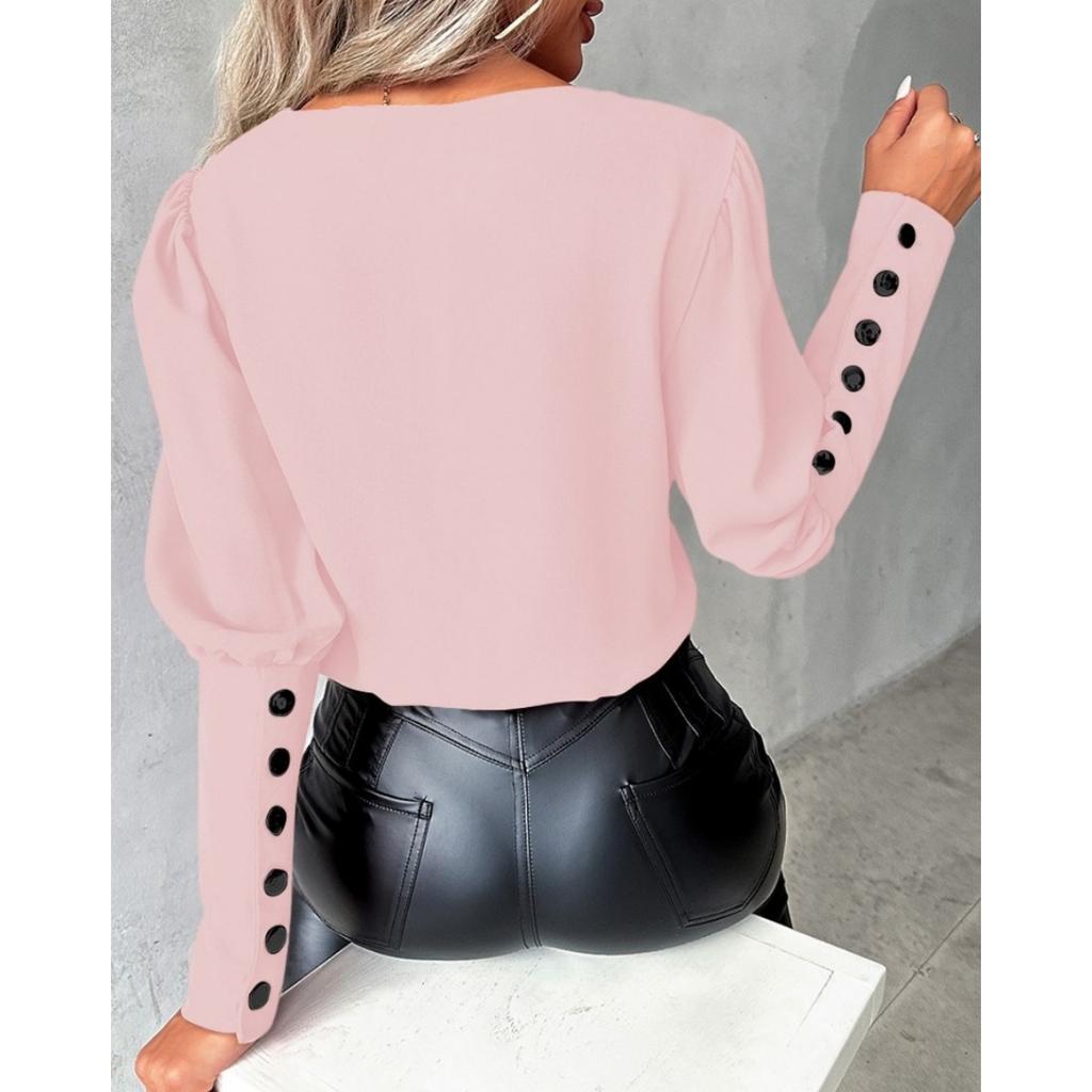 Autumn Fashion Women's Solid Color V-neck Long Sleeve Button Down Blouse Shirt