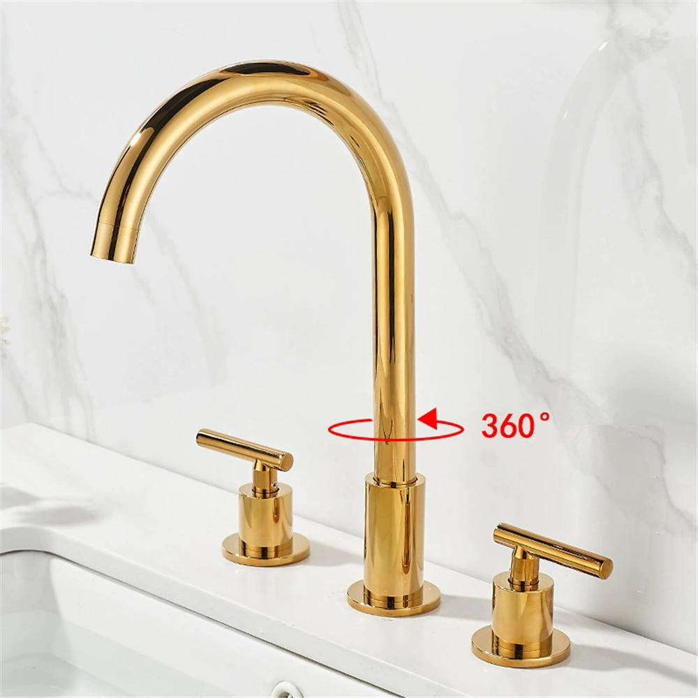 Tuqiu Gold Bathroom Faucet Widespread Basin Faucet Sink Tap Brass Bathroom Sink Faucet 3 Hole Brass Chrome Hot Cold Water Tap