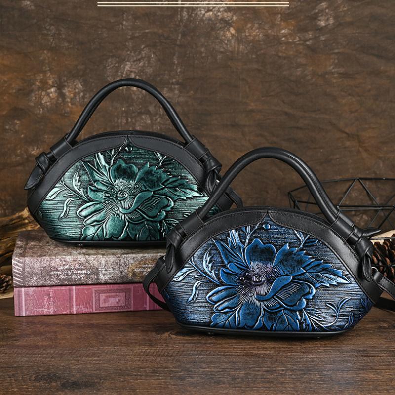 Johnature Ретро-сумка Жіноча сумка з натуральної шкіри ручної роботи з тисненням Універсальні сумки через плече та через плече з коров'ячої шкіри