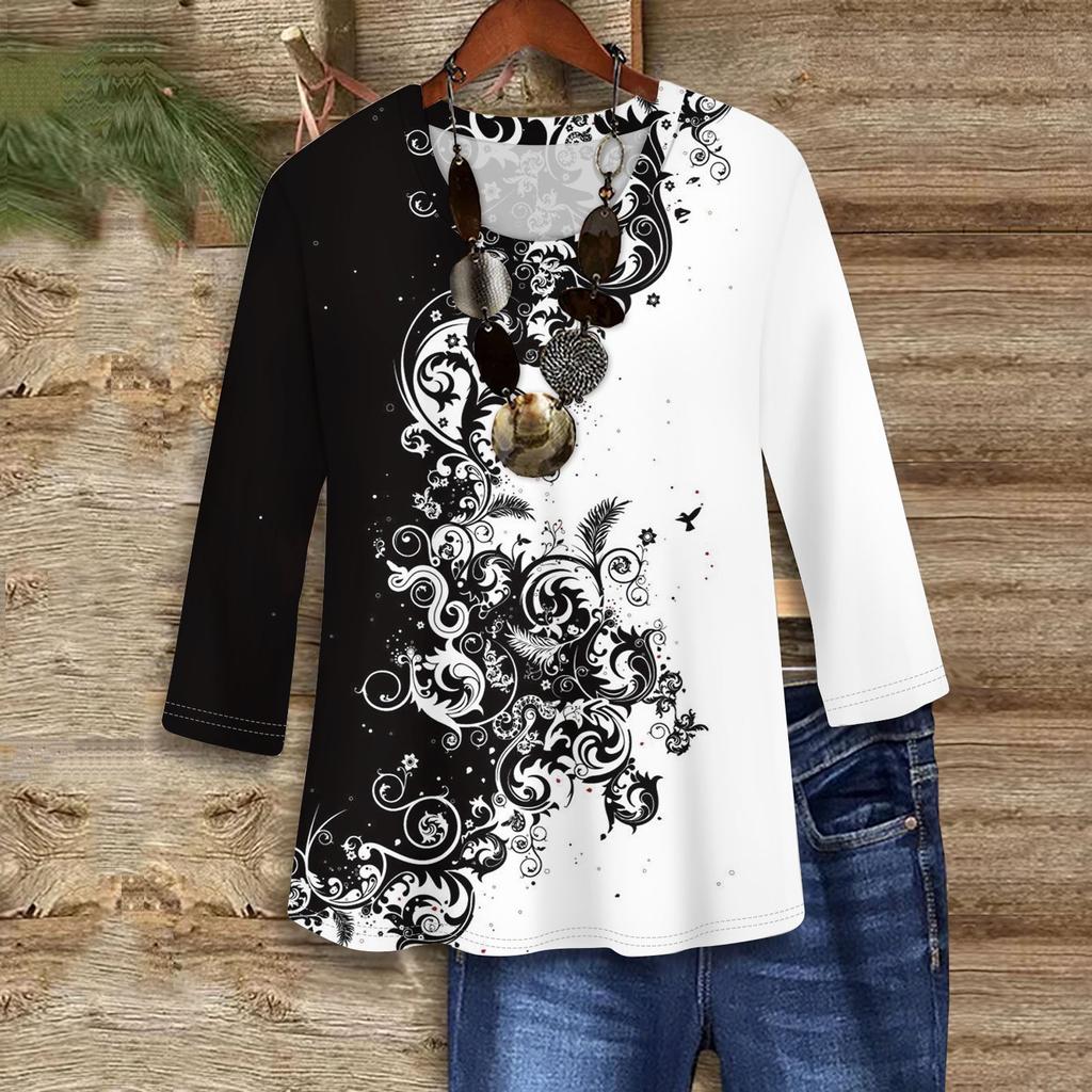 3/4 Sleeve Shirts For Women Cute Print Graphic Tees Blouses Casual Plus Size Basic Tops Pullover