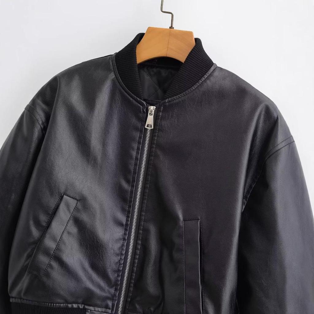 Autumn 2024 Women's European-American Style Washed Faux Leather Flight Jacket 6318223