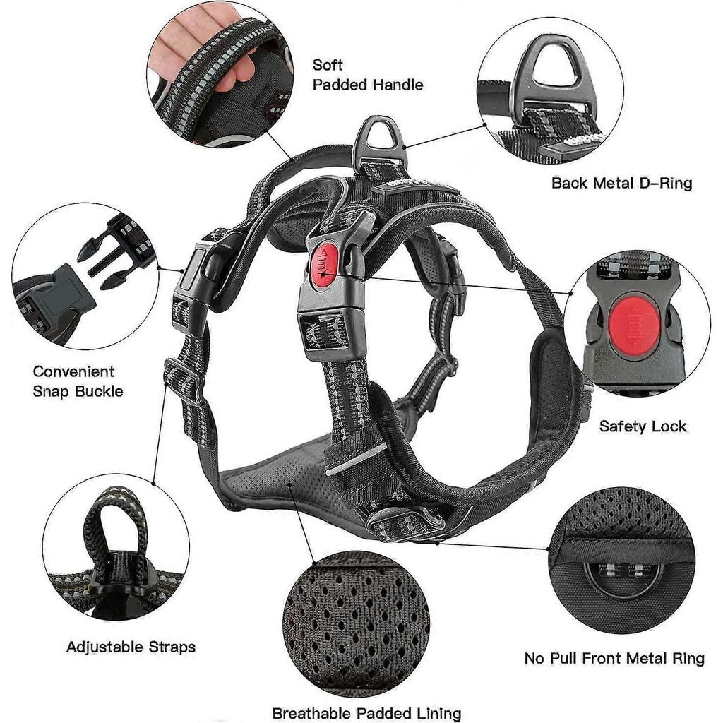 Astarin Dog Harness No Pull, Medium, 2 Leash Clips, Adjustable Soft Padded Vest with Handle, Reflective No Choke Design, Black, M